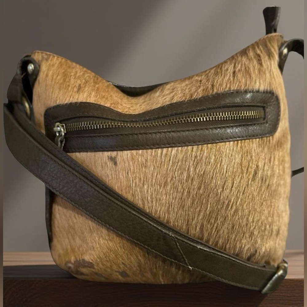 Maurizio Taiuti Brown Haircalf Crossbody Bag with Dark Brown Leather Trim